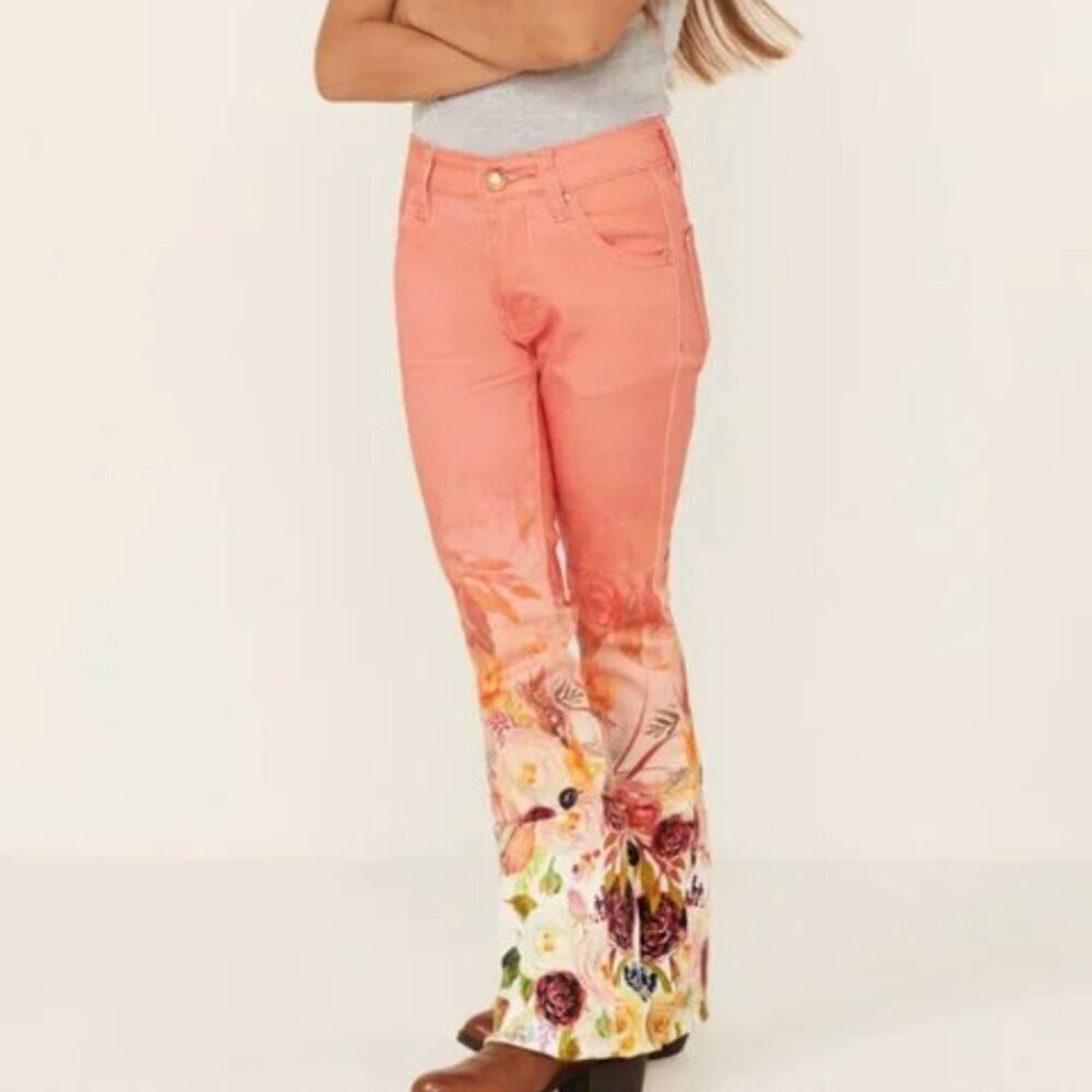 Ranch Dressn Youth Coral Girls Floral Bell-Bottom Flare Jeans Size 14